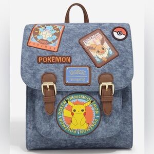 New Loungefly Pokémon Pikachu Eevee Squirtle Patches Blue Denim Backpack Bag